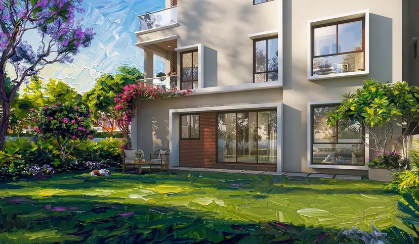Private backyard lawn of a villa at NVT Villas, Varthur