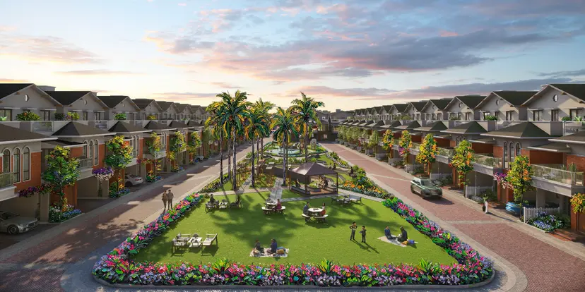 Central green boulevard lined with villas at NVT Villas, off Whitefield–Sarjapur Road