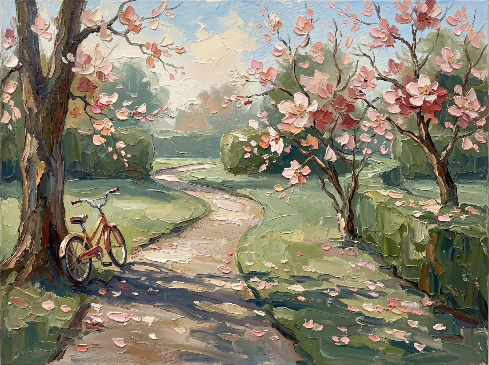 Painted garden path with blossoming trees and a bicycle – Bloom into life at NVT Villas