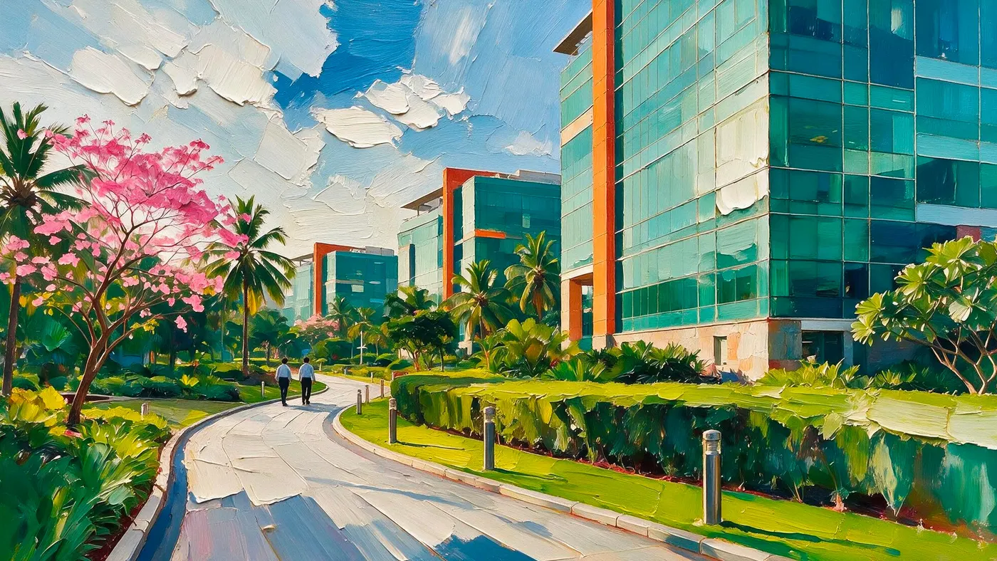 Painted view of tech park offices and tree-lined walkways in East Bengaluru's Whitefield–Sarjapur–Varthur job corridor